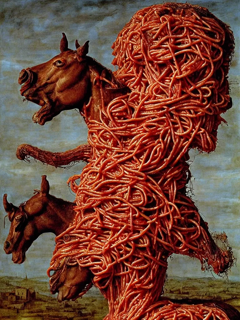 Image similar to a boy made of spaghetti and tomato sauce, sitting on top of a horse made of meat, by giuseppe arcimboldo and ambrosius benson, renaissance, intricate and intense oil paint, a touch of beksinski and hr giger and edward munch, realistic