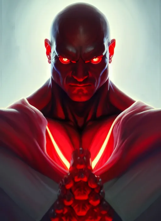 Image similar to symmetry!! portrait of a evil man, glowing red eyes!! muscular, robes! intricate, elegant, highly detailed, digital painting, artstation, concept art, smooth, sharp focus, illustration, art by artgerm and greg rutkowski and alphonse mucha