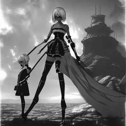 Image similar to a beautiful portrait of Nier Automata in a science fiction environment by ansel adams