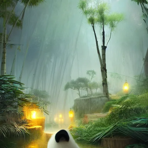 Image similar to world of pandas, bamboos, magical world, by greg rutkowski, sung choi, photo realistic, 8 k, cinematic lighting, hd, atmospheric, hyperdetailed, trending on artstation, devainart, digital painting, glow effect