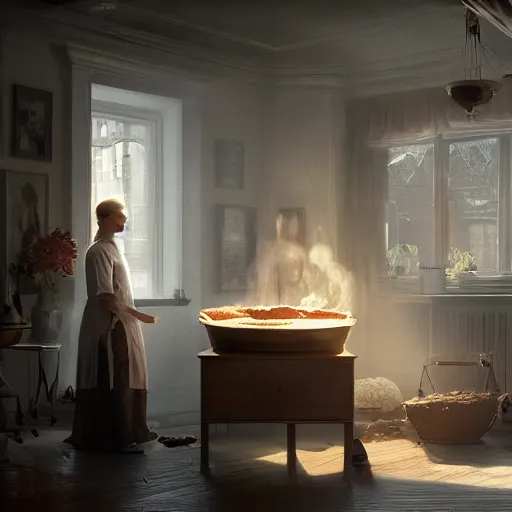 Prompt: a physical therapist baking a pie in the oven, volumetric lighting, 8 k octane beautifully detailed render, post - processing, extremely hyper - detailed, intricate, epic composition, cinematic lighting, masterpiece, trending on artstation, detailed detailed detailed, masterpiece, stunning art by anders zorn, wonderful masterpiece by greg rutkowski, beautiful cinematic light,