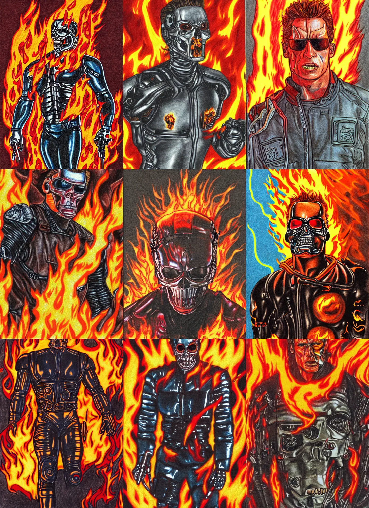 Prompt: detailed flat colored pencil drawing of the terminator surrounded by flames by gabz