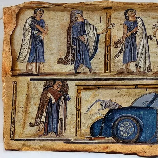 Image similar to ancient greek manuscript with pictures of cars