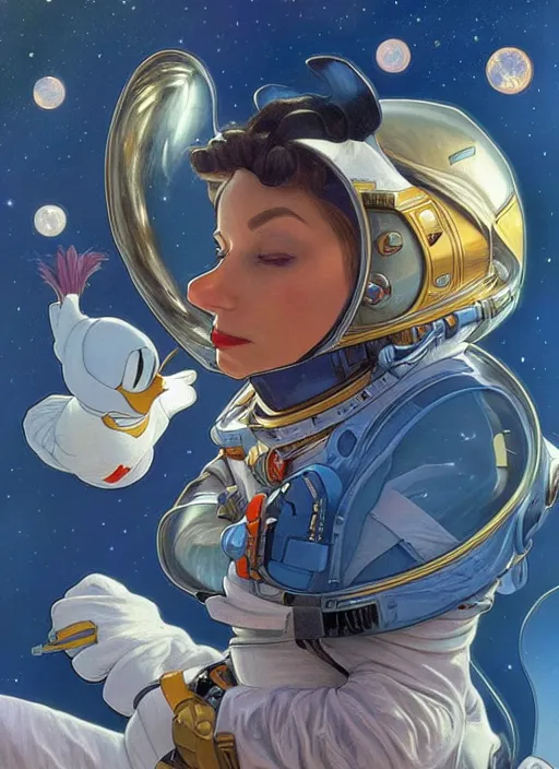 Image similar to Donald Duck as an astronaut, woman, fantasy, intricate, elegant, highly detailed, centered, digital painting, artstation, concept art, smooth, sharp focus, illustration, art by artgerm and donato giancola and alphonse mucha