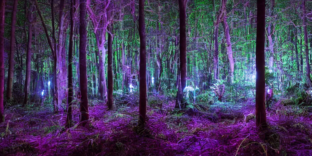 Prompt: soft bioluminescent forest at night. deep blacks. color adjusted. 4 k cinematic cg weta weta weta lut balanced perfect lighting colorgraded