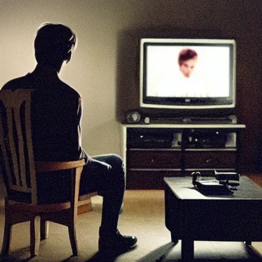 Image similar to cursed photograph of a man watching a shadowy figure on TV, in the style of the movie the pulse,