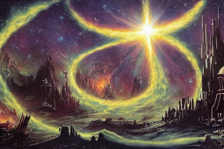 Image similar to miskatonic university big bang inscape in the style of dr. seuss,'star wars ', painting by albert bierstadt