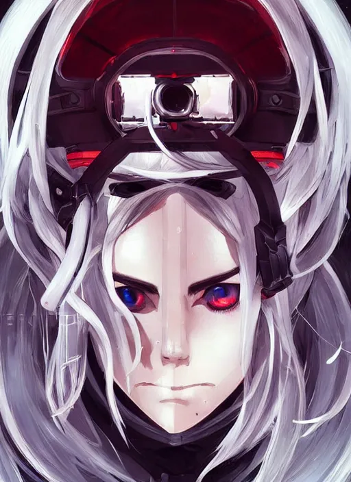 Image similar to techwear occultist, white hair home cut red eyes, by kyoto animation, chaos magick, leviathan cross, androgynous, beautiful, detailed symmetrical close up portrait, intricate complexity, in the style of artgerm and ilya kuvshinov, cel shaded