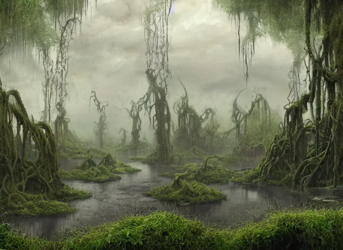 Prompt: matte painting of a huge swamp, overgrown with lush vines, immaculate scale, john howe, digital art, cgsociety, fantasy art, matte painting, lovecraftian horror, fantasy