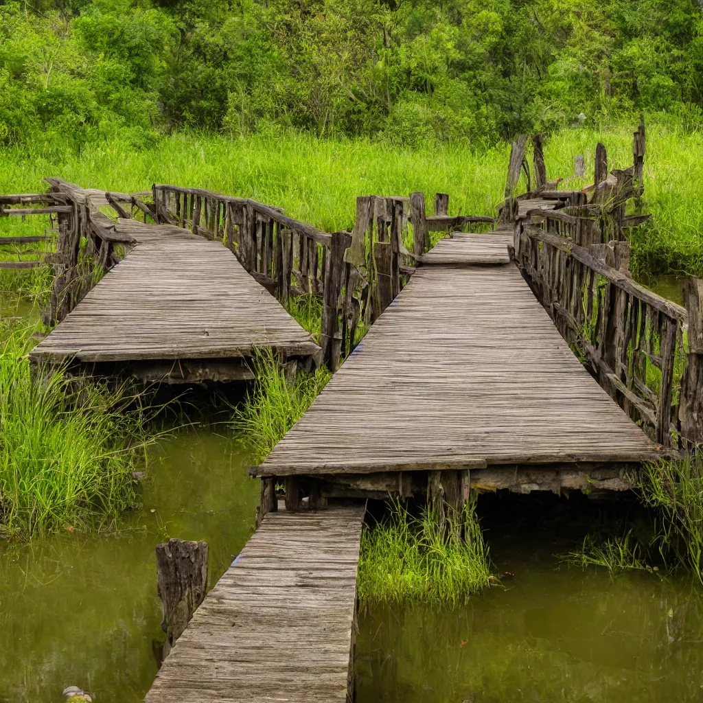 Image similar to old wooden bridge to small very polluted pond, scary, ambient, smoking, shocking, very detailed, 4 k, professional photography