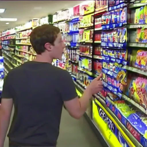 Prompt: cctv footage of mark zuckerberg robbing a convenient store holding a gun