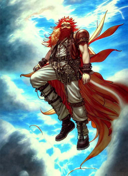 Image similar to prompt : ragnarok online portrait soft light painted by james jean and katsuhiro otomo and erik jones, inspired by akira anime, epic fantasy, a long red haired, red bearded male sky - pirate in front of an airship, intricate oil painting, high detail illustration, sharp high detail, manga and anime 1 9 9 9