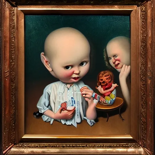 Image similar to children playing scene, lowbrow painting by mark ryden