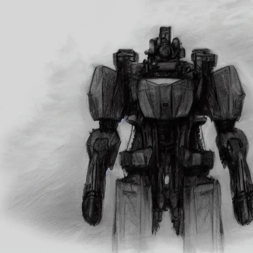 Image similar to a pencil sketch of a mech on an alien planet. moody. atmospheric. fog. cinematic