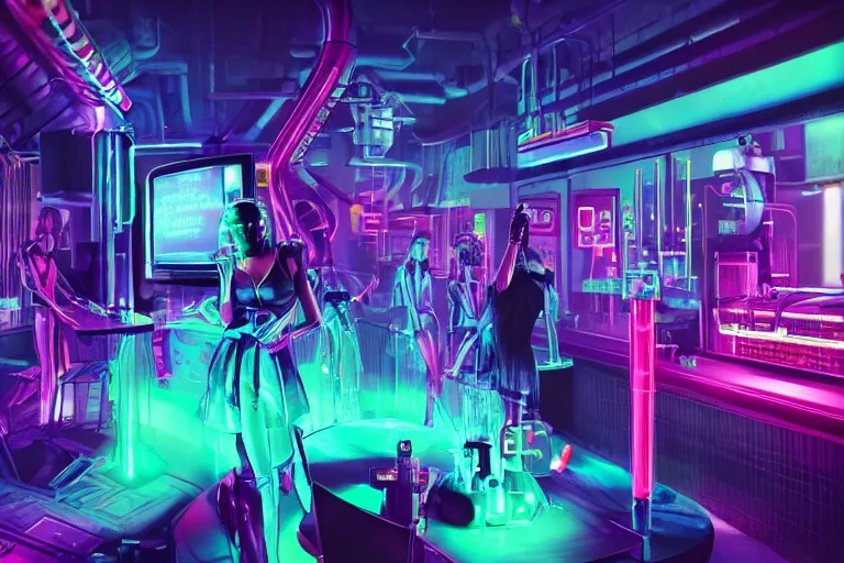 Prompt: photorealistic, cyberpunk nightclub, girls and female robots drinking radioactive glowing drinks from scientific glassware, loose wires and electrical sparks, pink neon