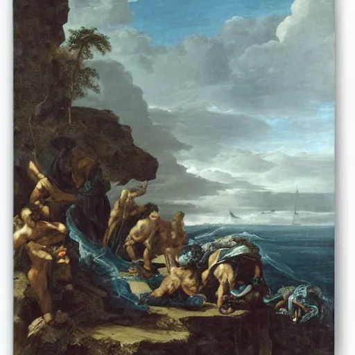 Prompt: between the devil and the deep blue sea by salvator rosa