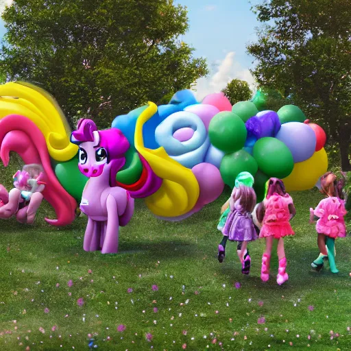 Prompt: children riding (my little pony) at a birthday party in the city park. balloons, cake, presents, craziness, havoc, 8K, 4K, digital art, 3D, cgsociety, realistic photograph