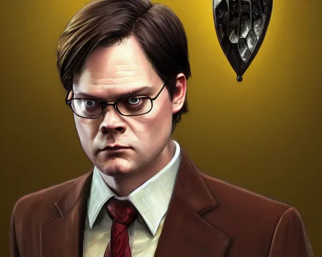 Image similar to close up of dwight schrute wearing a brown suit, mustard yellow dress shirt and necktie, focus, d & d, intricate, elegant, highly detailed, digital painting, artstation, concept art, matte, sharp focus, illustration, hearthstone, art by artgerm and greg rutkowski and alphonse mucha