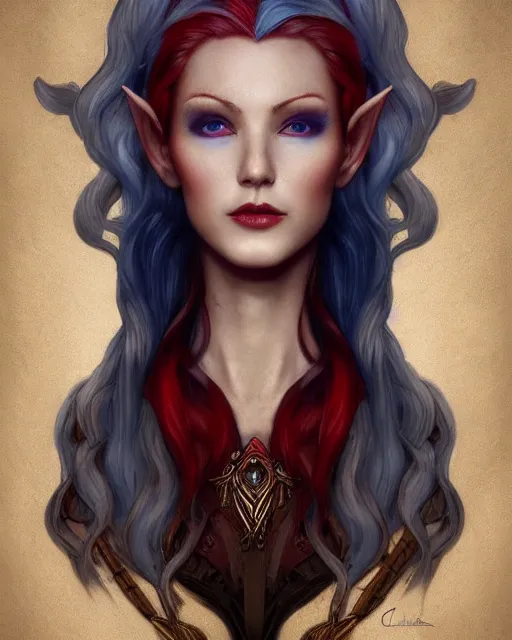 Prompt: A detailed matte oil on canvas head on symmetrical portrait of a distinguished elven woman with red and blue hair (((((makeup))))) by Charlie bowater and lise deharme wlop, trending on artstationhd, dungeons and dragons art, critical role, split hair, half and half dye, two tone