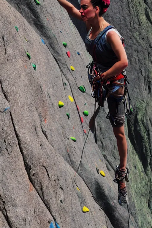 Image similar to a hyperrealistic portrait of Frida kahlo rock climbing, hd, 8k, artstation