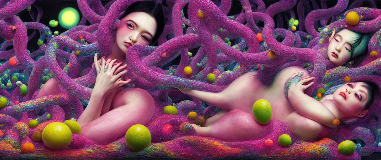 Prompt: hyper detailed 3d render like a Oil painting - kawaii portrait Aurora (black haired fairy laying back) seen Eating of the Strangling network of yellowcake aerochrome and milky Fruit and Her delicate Hands hold of gossamer polyp stamen blossoms bring iridescent fungal flowers whose spores black the foolish stars by Jacek Yerka, Mariusz Lewandowski, Houdini algorithmic generative render, Abstract brush strokes, Masterpiece, Edward Hopper and James Gilleard, Zdzislaw Beksinski, Mark Ryden, Wolfgang Lettl, hints of Yayoi Kasuma, octane render, 8k