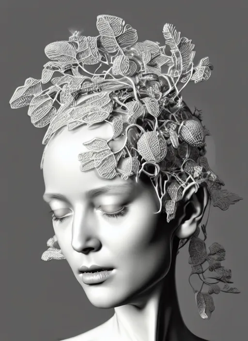 Image similar to complex 3d render ultra detailed of a beautiful porcelain profile woman face, mechanical cyborg, 150 mm, beautiful natural soft light, rim light, silver vanilla details, magnolia big leaves and stems, roots, fine foliage lace, maze like, mesh wire, intricate details, hyperrealistic, ultra detailed, mandelbrot fractal, anatomical, white metal neocubism armor, facial muscles, cable wires, microchip, elegant, octane render, H.R. Giger style, 8k