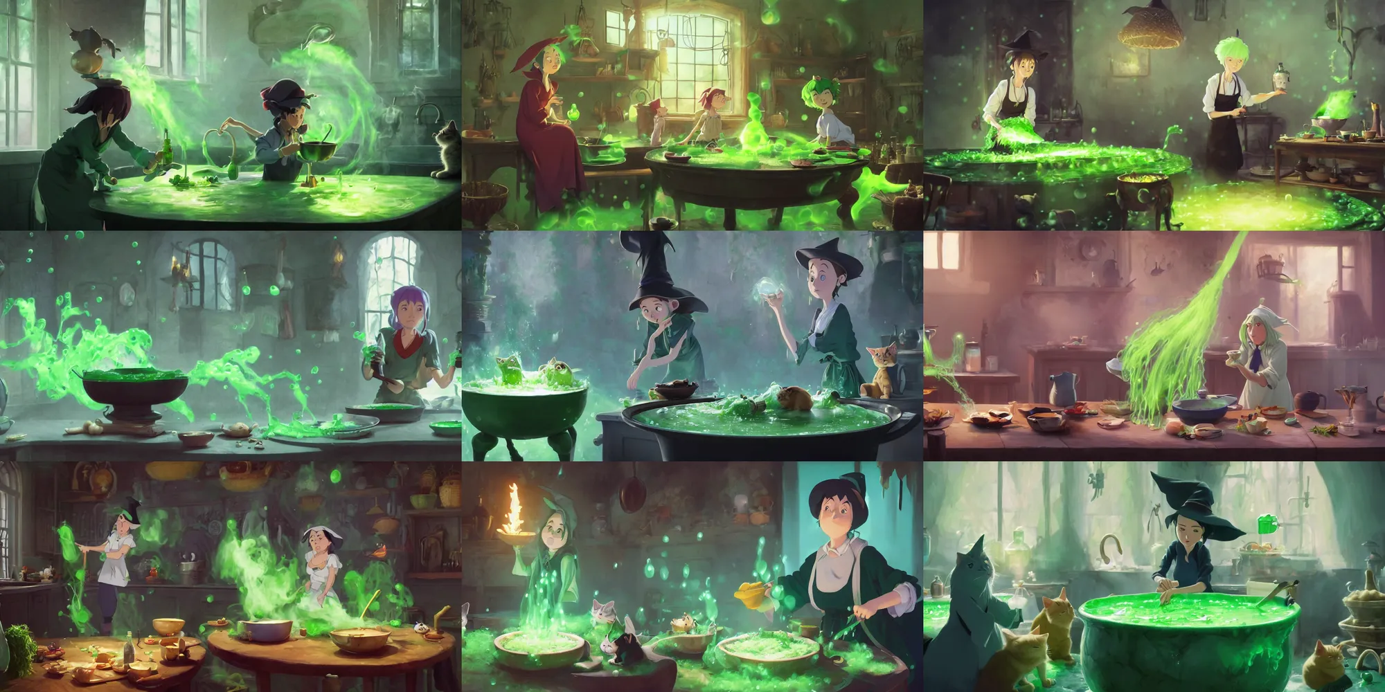 Prompt: a wholesome animation key shot of a witch cooking a magic point in her cauldron of bubbling green liquid as her cats watch, medium shot, waist up, studio Ghibli, Pixar and Disney animation, sharp, Rendered in Unreal Engine 5, anime key art by Greg Rutkowski, Bloom, dramatic lighting