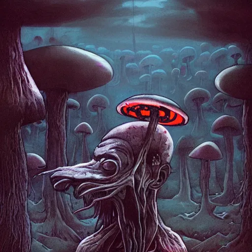 Image similar to 4 k headshot portrait of a psychedelic demonic anthropomorphic wendigo smoking a hand - rolled cigarette smoking heavily, magic mushroom village in background. award winning. superb resolution. in the art style of junji ito and greg rutkowski. detailed mushroom city in background. hyper realistic anime. perfect art. dalle 2