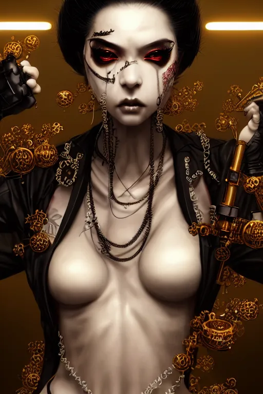 Image similar to soft lustrous ivory ebony geisha yakuza raver gutter punk gothic biotech steampunk cyborg, golden ratio, details, scifi, fantasy, cyberpunk, intricate, decadent, highly detailed, digital painting, octane render, artstation, concept art, smooth, sharp focus, illustration, art by artgerm, loish, wlop