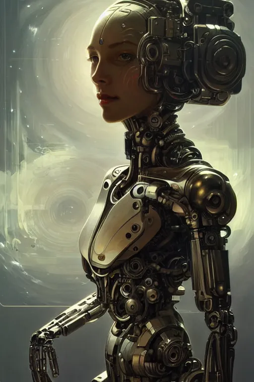 Prompt: beautiful female mechanical android!, half portrait, intricate detailed environment, photorealistic!, intricate, elegant, highly detailed, digital painting, artstation, concept art, smooth, sharp focus, illustration, art by artgerm and greg rutkowski and alphonse mucha