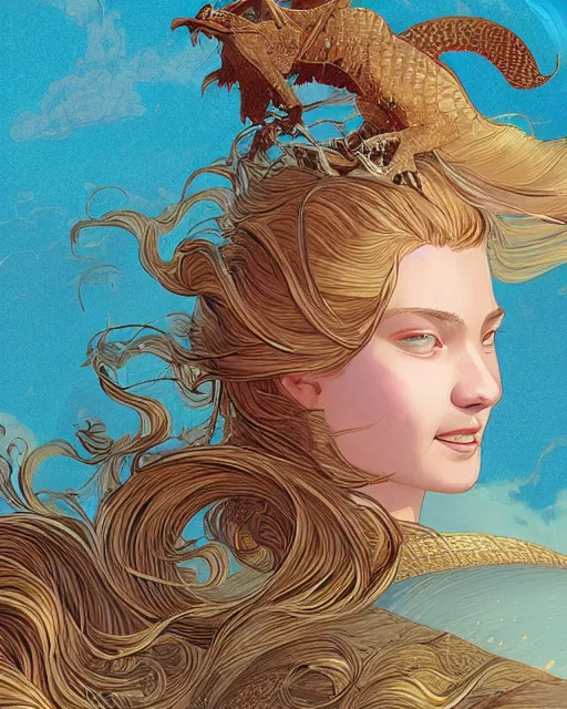 Image similar to a beautiful maiden with golden hair caressing a wyvern, close up, digital art, illustrated by james gurney and victo ngai