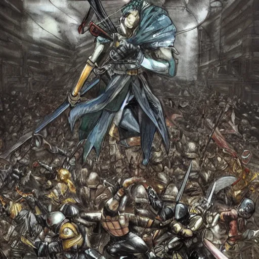 Image similar to one hero with sword looking at army of swordsmen in the background, in the middle of an arena, crowd of people, pencil art, straight, clear, added detail, high definiton, colored, backfacing, by yoji shinkawa