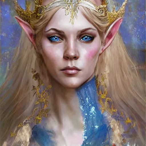 Image similar to a beautiful elven princess with a blond hair and blue eyes, fantasy character portrait by denis sarazhin