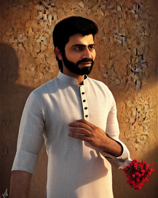 Image similar to a guy in a kurta waiting for his love to come, holding flowers, art by salman toor. faithfully depicted facial expression, perfect anatomy, sharp focus, global illumination, radiant light, detailed and intricate environment, trending on artstation