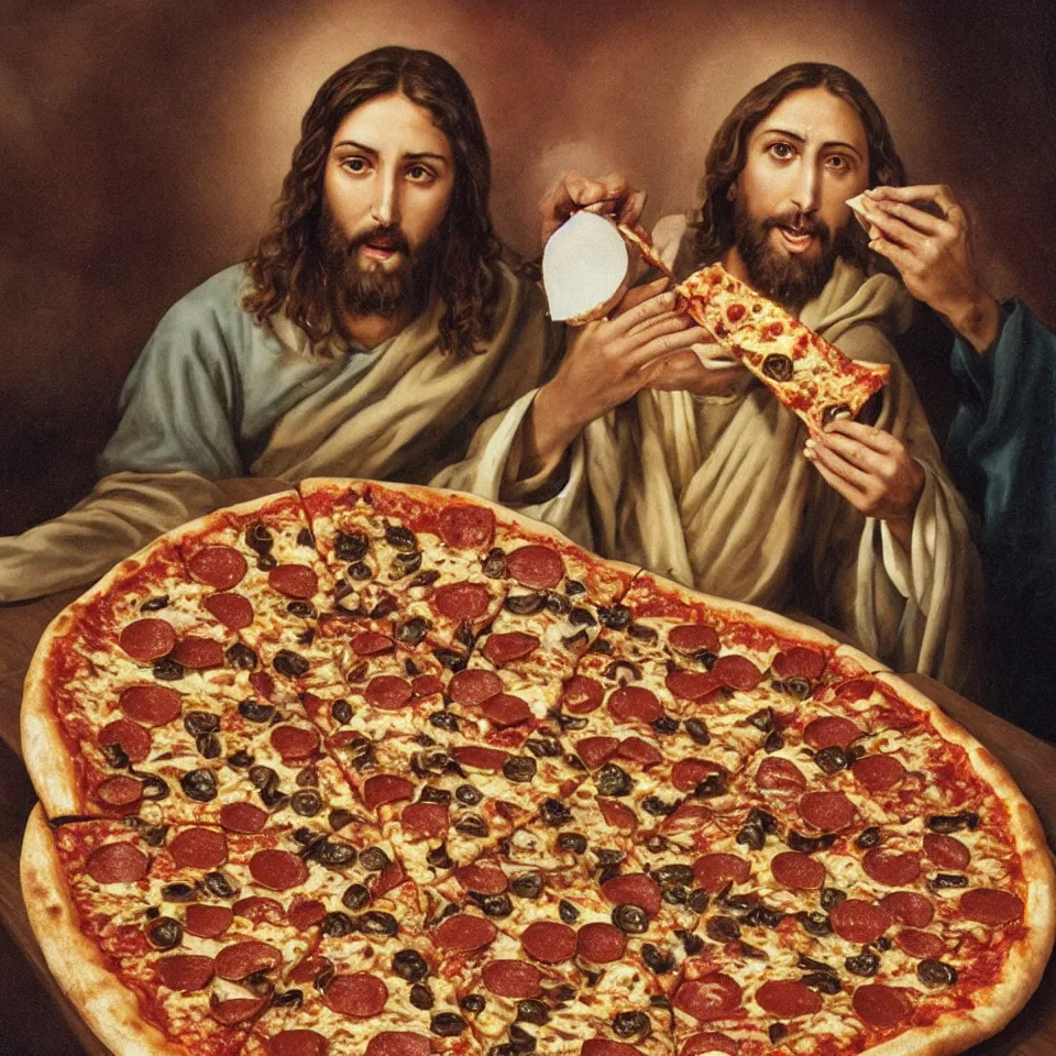 Image similar to Jesus eating pizza