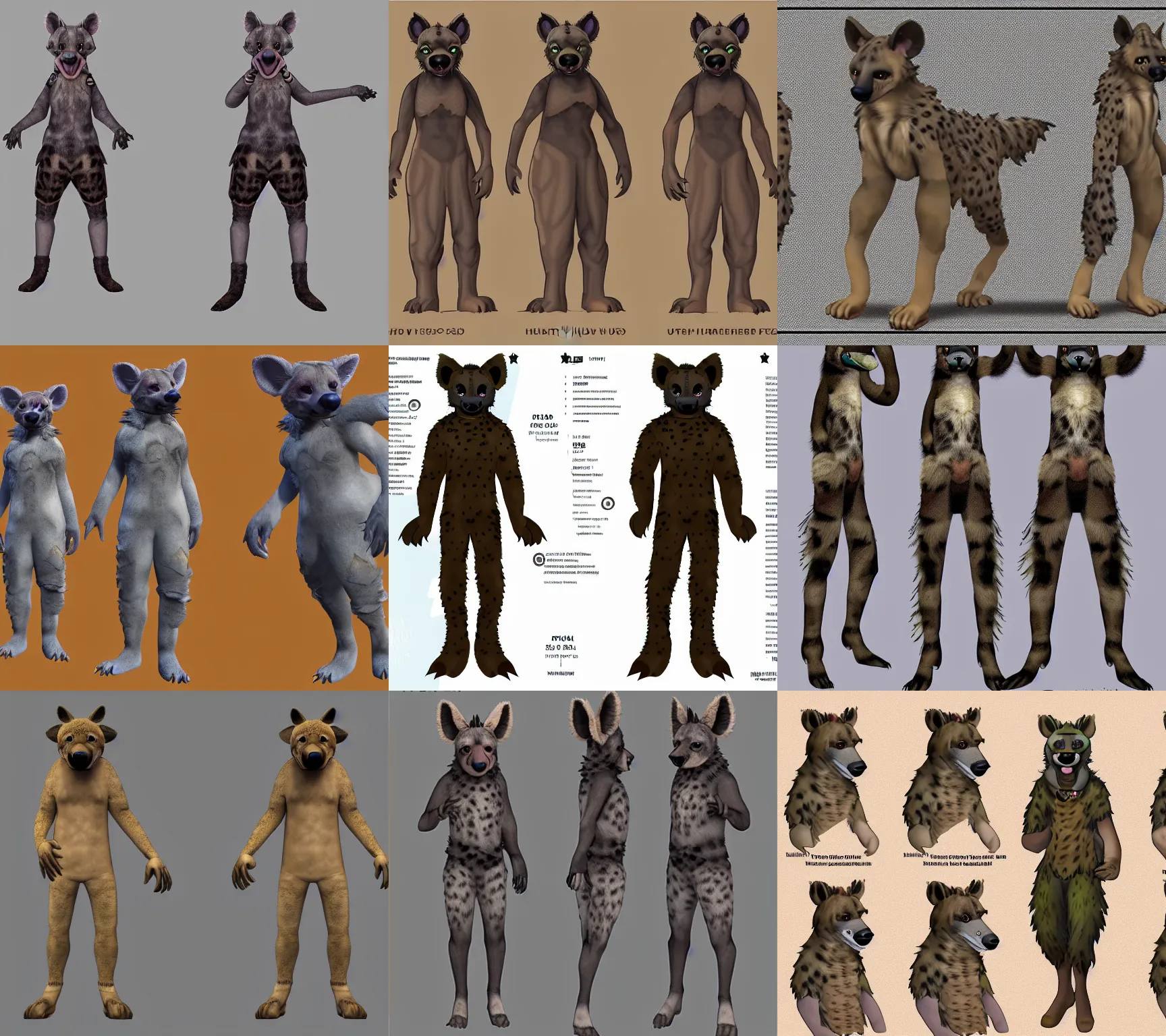 Image similar to a furry hyena fursona three - view fursuit reference sheet, insane ultrahigh - resolution ( uhd ), trending on weasyl