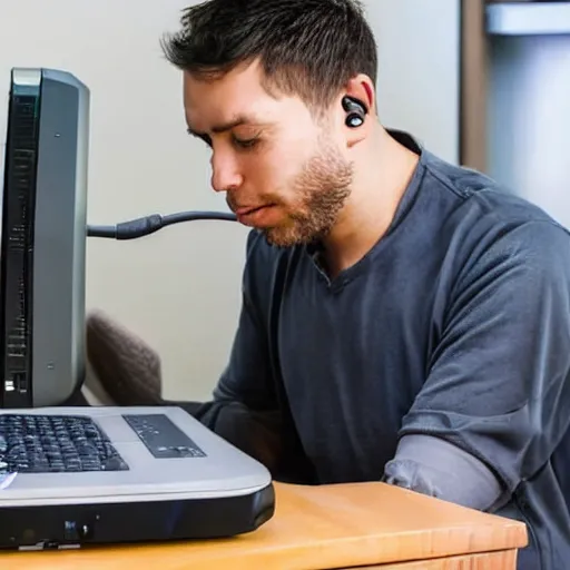 Image similar to a man trying to debug the audio connection on his computer