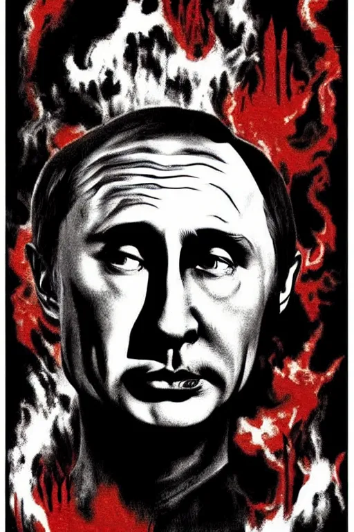 Image similar to putin went to hell, art in the style of a poster for horror films in a cinema, detailed art in color