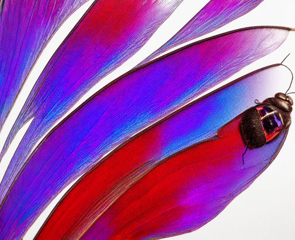 Image similar to beautiful matte airbrush of a iridescent colorful hyper real insect wing on a white background, inspired by 8 0's airbrush illustrations, red purple and blue color palette, art by pater sato