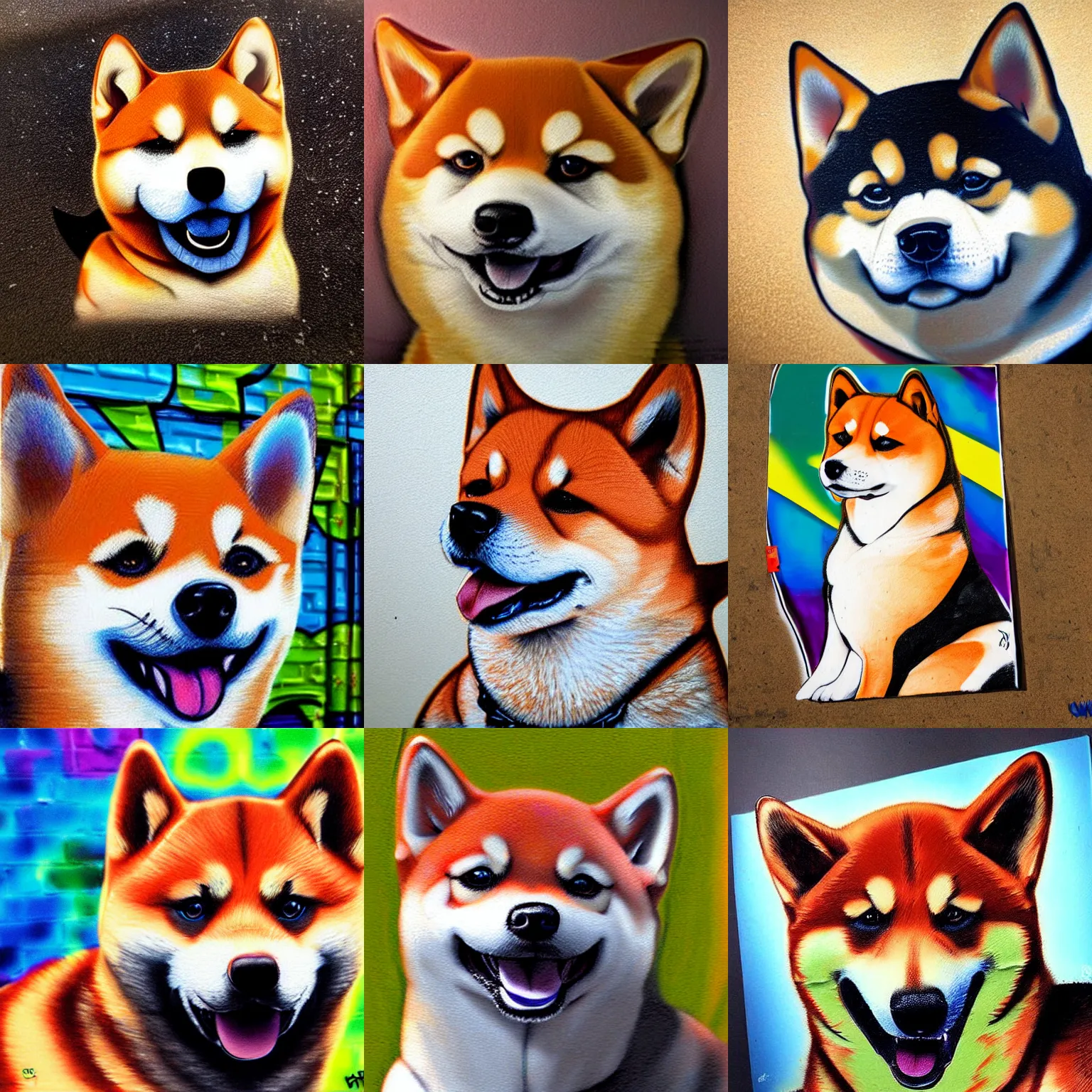 Prompt: a graffiti art of a shiba inu,photorealistic,hyperdetailed,detailed face,award winning photograph,natural lighting,professional