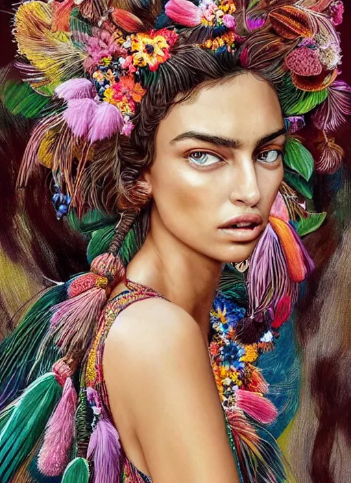 Prompt: beautiful portrait of Irina Shayk wearing fantastic Hand-dyed cotton dress, embellished beaded feather decorative fringe knots ,colorful pigtail,subtropical flowers and plants,symmetrical face,intricate,elegant, highly detailed, 8k,post-processing,digital painting, trending on pinterest, GUCCI,PRADA,concept art, sharp focus, illustration, by artgerm,Tom Bagshaw,Lawrence Alma-Tadema,greg rutkowski,alphonse Mucha