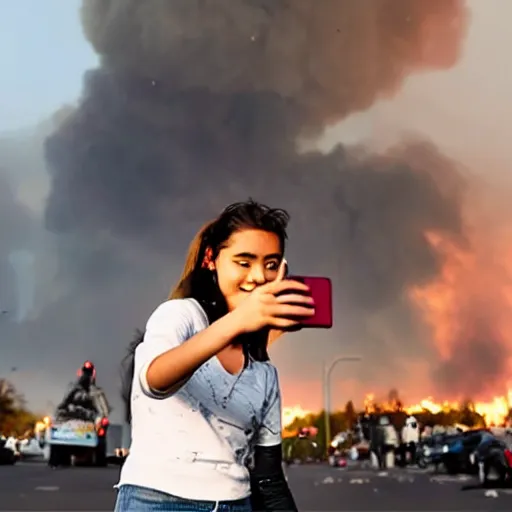 Image similar to girl taking selfie while bombs fall city burns in background