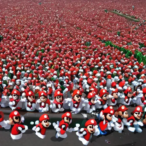 Image similar to photo of a crowd of super mario marios holding up the globe planet earth