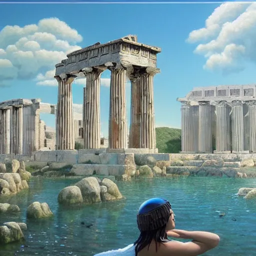 Prompt: young ancient greek godess in helmet, giant gray-haired bearded male head in background, ancient greek temple in background, by David Ligare, wide angle scifi landscape, hyperrealistic surrealism, award winning masterpiece with incredible details, epic stunning, infinity pool, a surreal vaporwave liminal space, highly detailed, trending on ArtStation, artgerm and greg rutkowski and alphonse mucha, daily deviation, IAMAG, broken giant marble head statue ruins, golden hour