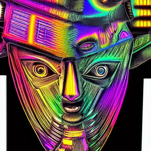 Image similar to black tshirt with a hyperdetailed portrait of a trippy diesel punk robot, 8 k, symetrical, flourescent colors, halluzinogenic, multicolored,