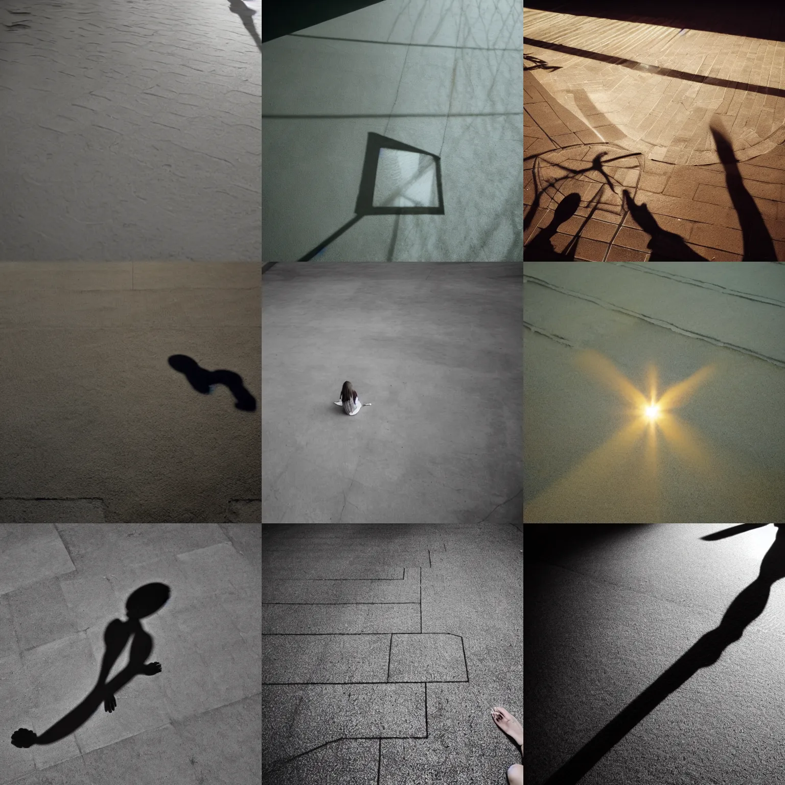 Prompt: she sees her own shadow cast in sunlight, it is outlined on the floor below her