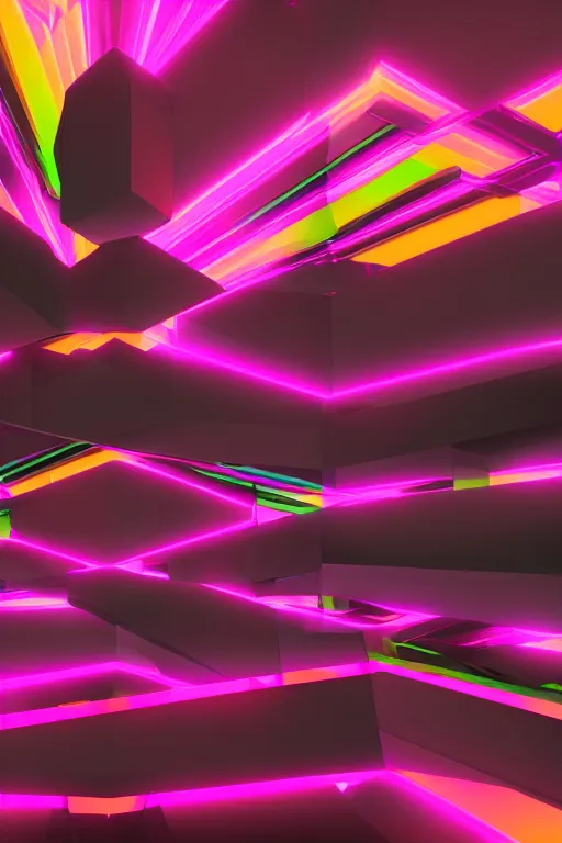 Prompt: very dark image of neon colored abstract 3 d shapes floating in a matte ultra black background, blender maya unreal engine, octane render vray,