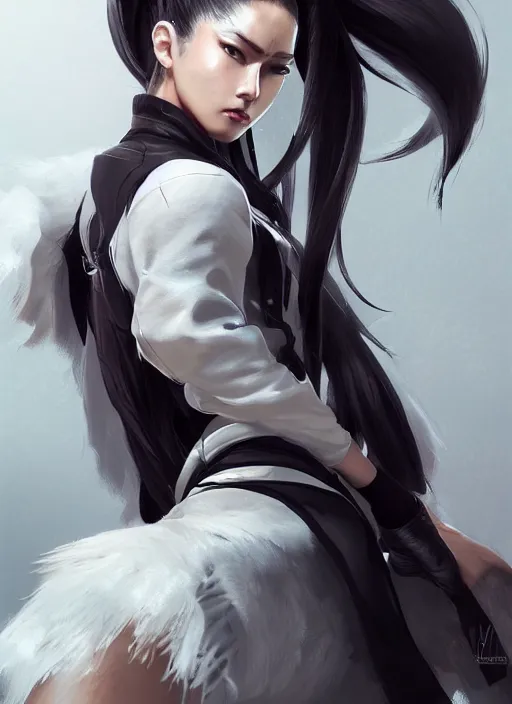 Image similar to a highly detailed illustration of fierce tall amazon messy ponytail black haired one armed delinquent japanese woman wearing uniform white cap wearing long white jacket with cape, muscular, intricate, elegant, highly detailed, centered, digital painting, artstation, concept art, smooth, sharp focus, league of legends concept art, wlop.