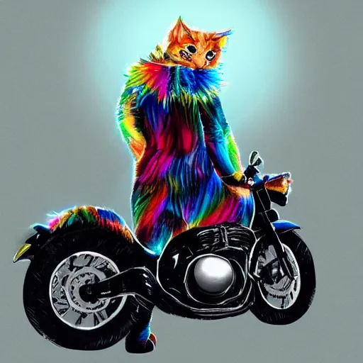 Image similar to wide angle full body, jacket wearing fluffy cute rainbow kitten wearing a black leather motorcycle jacket, cinematic concept art