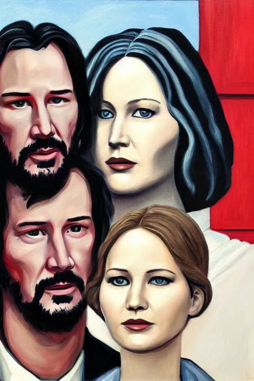 Image similar to painting of Keanu Reeves and Jennifer Lawrence as the couple in American Gothic in the style of Grant Wood